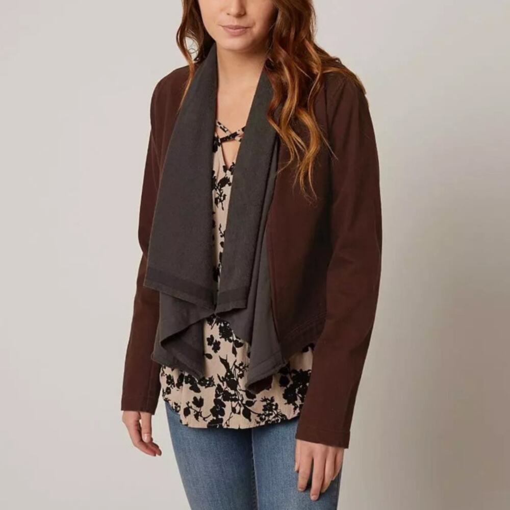 BKE Flyaway Jacket Women S Brown Y2K Sweater Cardigan Moto Biker Two Tone Open